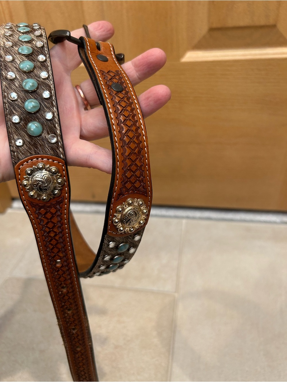 Decorative Brown Leather Belt with Turquoise & Rhinestone Accents, Size 32.
